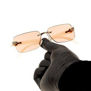 Men's Pink Tint Rectangular Hip Hop Gold Frame Leopard Head Rimless Sunglasses
